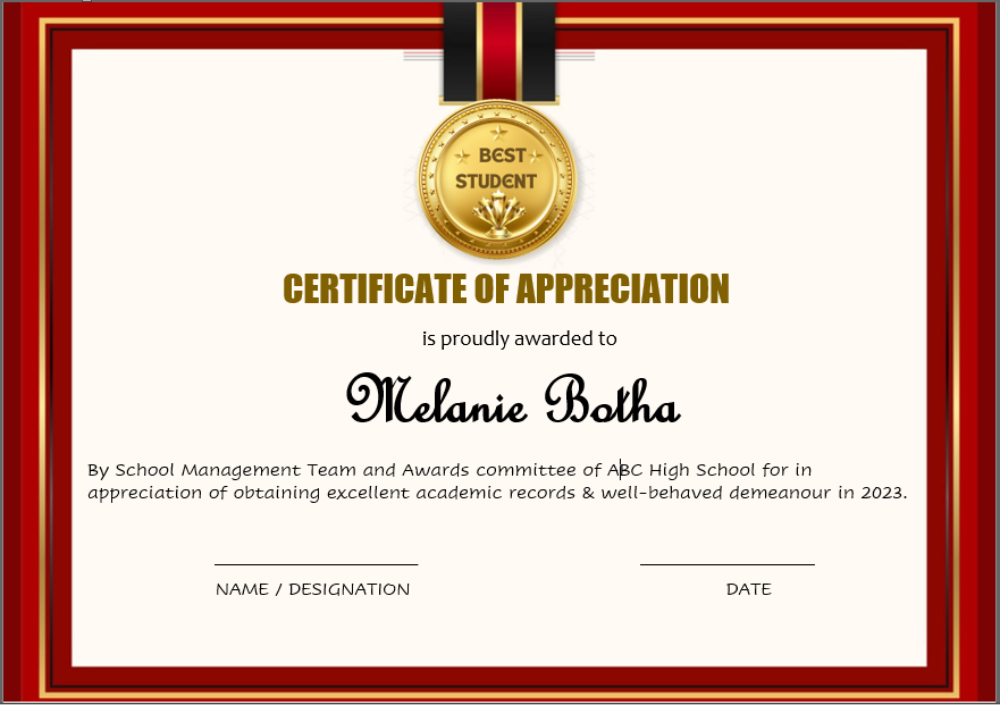 Best Student Certificate template